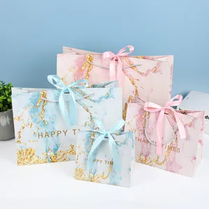 Sacchetto Di Carta Con Motivo Marmo Sfumato Doratura Fiocco Borsa A Mano Con Nastro Per Confezione Regalo Festa Matrimonio