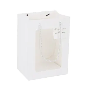 Witte papieren cadeautas met doorzichtig venster, elegante tas voor bloemen en feestverpakking.