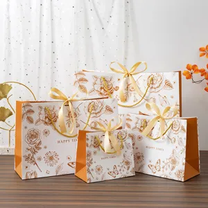 Sac Cadeau Floral Doré en Carton Blanc Cabas Avec Nœud Ruban Doré Pour Fête Mariage Anniversaire Emballage Cadeau