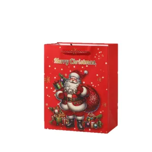 Rote Weihnachtstüte mit Weihnachtsmann-Motiv, festliche Papiertüte für Geschenke und Süßigkeiten.