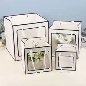 Sacs cadeaux carrés en papier avec fenêtre transparente et poignées blanches pour fêtes.