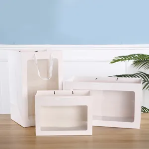 Transparant Venster Papier Geschenktas Wit Karton Tragetas Met Handvat Voor Moederdag Bloemverpakking Feest Bruiloft