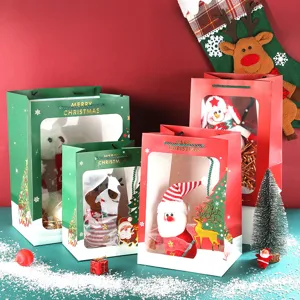 Christmas gift bag with transparent window, gold stamping paper tote bag for holiday party.