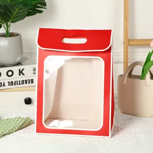 Borsa regalo per fiori rossa con finestra trasparente, sacchetto di carta portatile per confezioni.