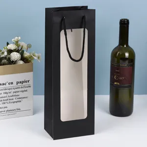 Borsa regalo in carta nera con finestra trasparente, confezione elegante per fiori e vino.