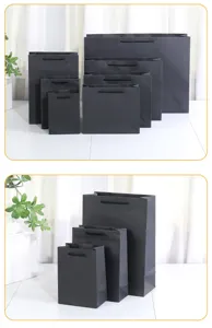 Black paper gift bags with handles, assorted sizes for retail, party and holiday packaging.