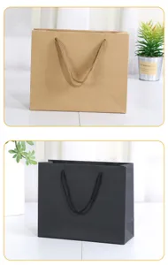 Kraft paper and black card gift bags detail view, simple design packaging bags for retail and events.