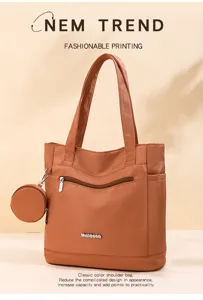 Large capacity brown nylon shoulder tote bag with small coin purse for women daily casual use