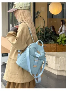 Light blue canvas women backpack casual travel daypack stylish multi pocket school bag
