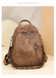 Vintage soft leather backpack for women, large capacity travel casual daypack with stylish ring zippers.