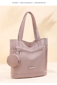 Large capacity nylon tote bag for women, casual shoulder bag with a small round pouch.