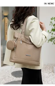 Stylish nylon tote bag for women, large capacity shoulder bag with coin pouch for daily use.