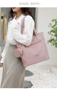 Stylish pink nylon tote bag with small pouch, large capacity casual shoulder bag for women.