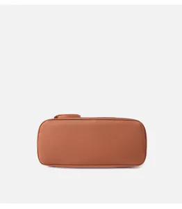 Brown nylon shoulder bag bottom detail view, durable fabric and clean stitching design.