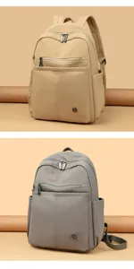 Nylon casual backpack detail, large capacity travel school bag, multi-pocket design.
