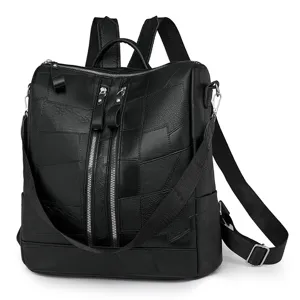 Élégant sac à dos femme en cuir PU noir, imperméable voyage décontracté et vintage cartable.
