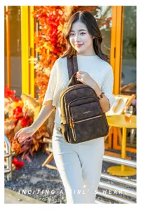 Detailed view of casual multi-functional brown backpack stylish commuting daypack bag