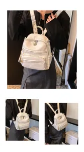 Women's casual leather backpack stylish fashion versatile white daypack with multiple zipper pockets.