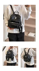 Black leather mini backpack for women, stylish casual daypack with multi-zipper pockets.