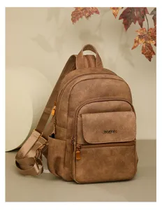 Brown PU leather backpack detail view with front pocket and adjustable straps for daily commute.