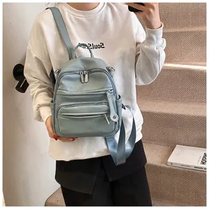 Stylish light blue leather women backpack with multiple zipper pockets casual daily use bag