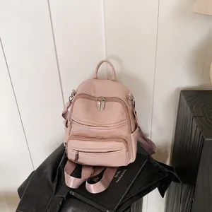 Women Casual PU Leather Backpack Fashion Solid Color Large Capacity Travel School Bookbag With Multi Pockets