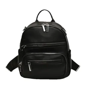 Casual black leather backpack for women, stylish multi-zipper large capacity travel daypack