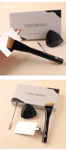 Angled blade foundation brush set with stainless steel spatula and palette for flawless makeup application