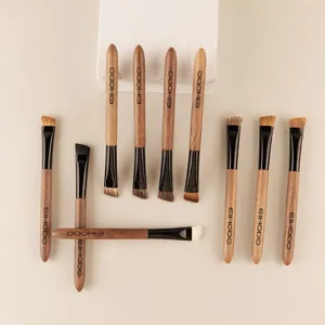 Walnut wooden angled eyebrow brush set, professional makeup tool for precise brow shaping.