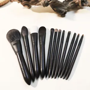 Ensemble de 12 pinceaux de maquillage en poils d'animaux avec manches en bois noir pour le visage.