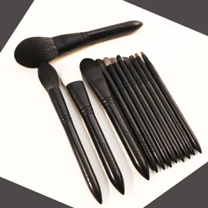 Ensemble de 12 pinceaux de maquillage noirs professionnels avec poils d'animaux pour le visage