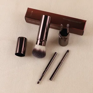 Retractable makeup brush set with metallic brown case, portable multi-functional cosmetic tools.
