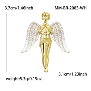Detail view of gold enamel angel brooch with dimensions 3.7x3.1cm and 5.3g weight