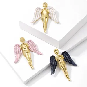 Set of three fashion alloy enamel angel brooches with white, pink, and black wings detail.