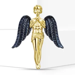 Close-up detail of a golden angel brooch with intricate dark blue enamel wing textures