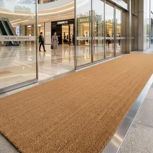 Close-up of durable brown coir doormat at a commercial entrance