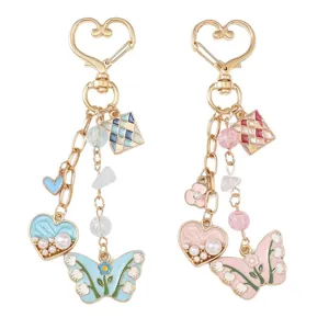 Fashion heart and butterfly charm keychains for bags in elegant blue and pink finishes