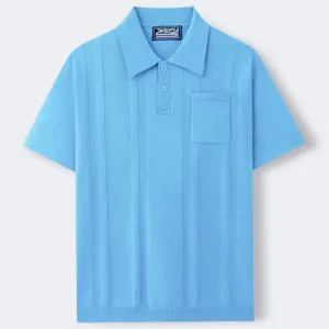 Detailed view of light blue short-sleeved knit polo shirt with vertical ribbing.