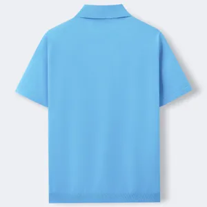 Back view of men's light blue short sleeve knitted polo shirt with ribbed texture