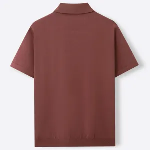 Detailed back view of a men's short sleeve knit polo shirt in dark terracotta brown