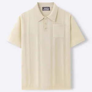 Detailed view of cream short sleeve knit polo shirt with vertical ribbed texture and pocket