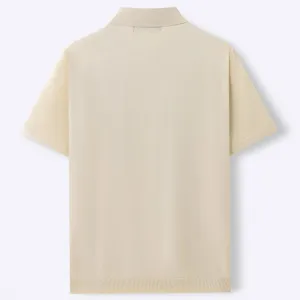Back view of men's beige short sleeve knit polo shirt with subtle ribbed texture