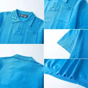 Details of a men's blue ribbed polo shirt showing collar, pocket, and knit texture