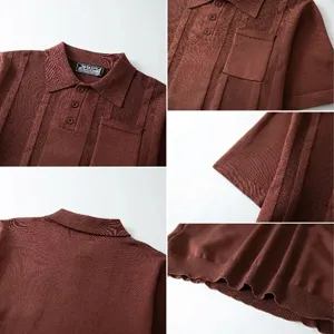 Macro view of brown knit Polo shirt showing collar, pocket, and ribbed hem details