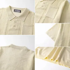 Macro details of men's knitted polo shirt showing ribbed texture and stitching quality.