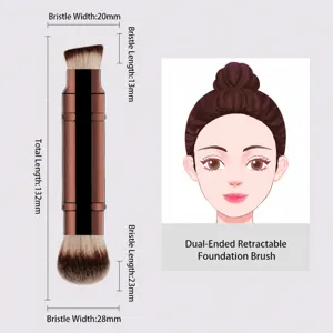 Double-ended retractable foundation brush, portable makeup tool with dual brush heads for blending.