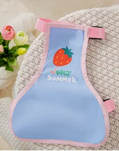 Close-up of pet dog belly band featuring cute strawberry print and lettering for daily use.