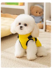 Gedetailleerd uitzicht van een schattige puppy met een gele warme wintervest binnen.