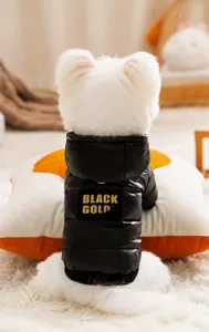 Nahaufnahme Detail der Haustier Winter Kapuzen Daunenjacke in glänzendem Schwarz mit Gold
