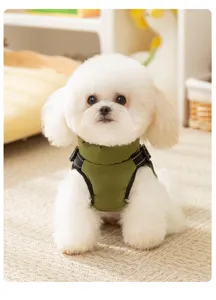 Gedetailleerd shot van een schattige hond in een warme groene wintervest voor huisdieren.